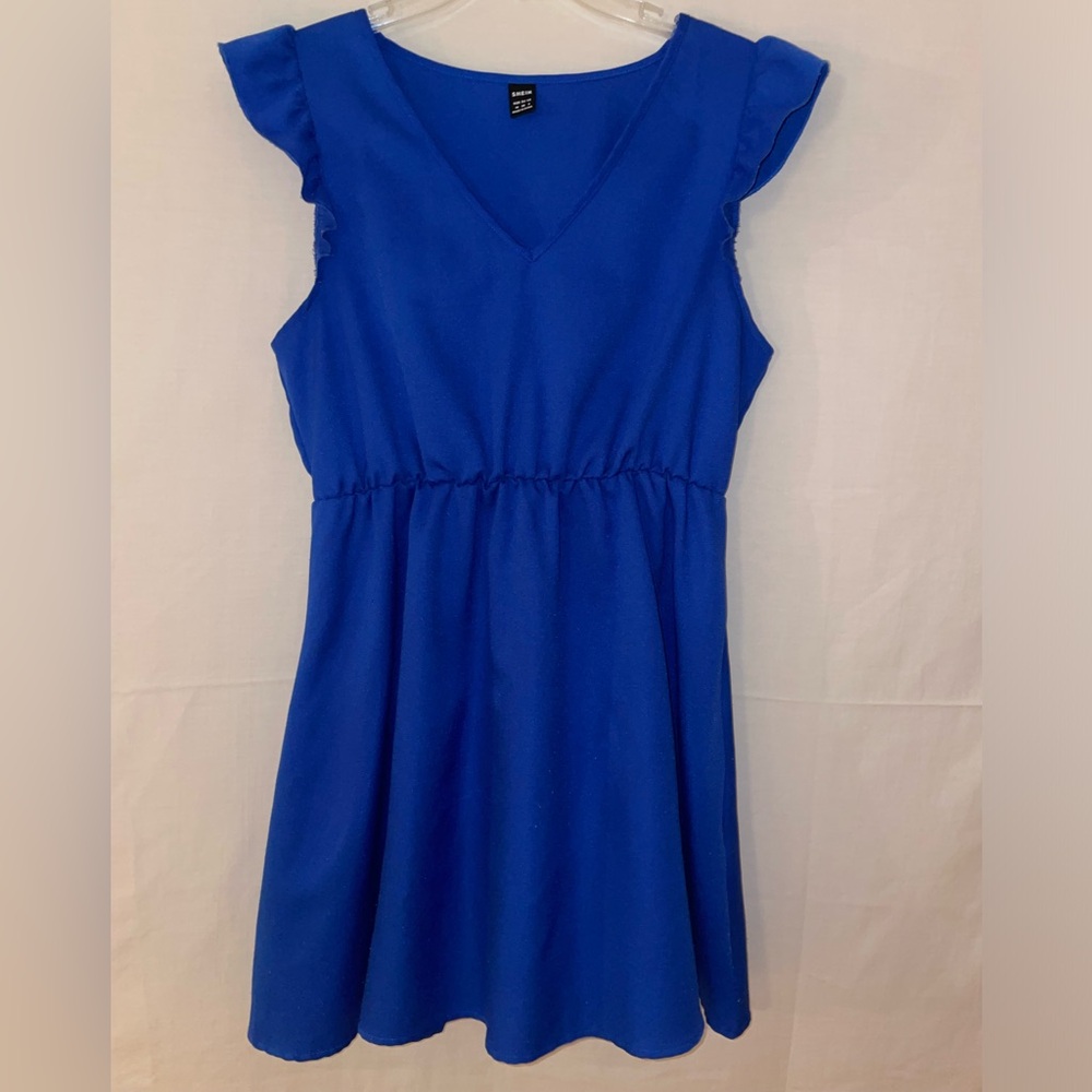 SHEIN Blue Flutter Sleeve V-Neck Sundress
